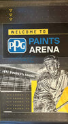 Mario Lemieux Signed 2019-2020 PPG Paints Arena 32x57 Vinyl Banner.  HUGE 12" Signature