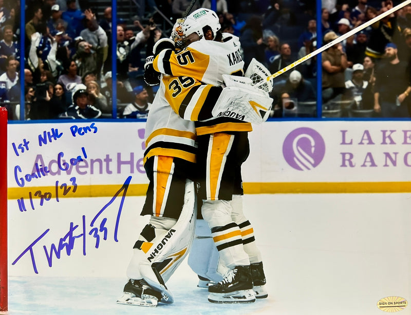 Tristan Jarry Signed, Inscribed "1st NHL Pens Goalie Goal 11/30/23" 8x10 Photo