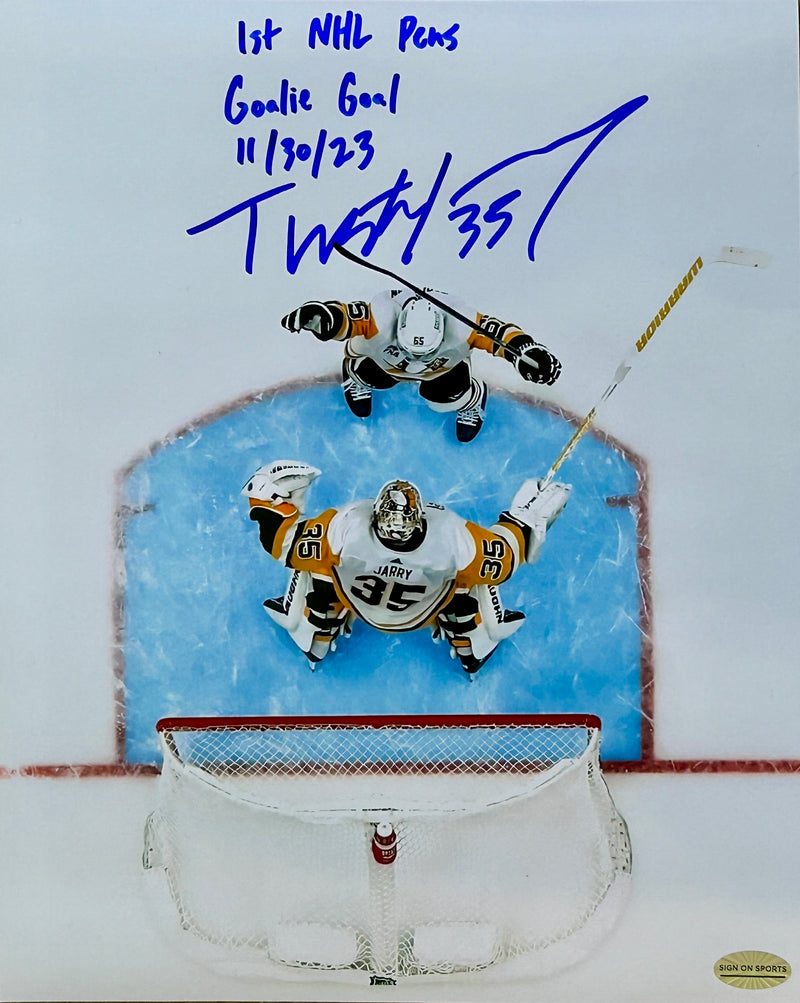 Tristan Jarry Signed, Inscribed "1st NHL Pens Goalie Goal 11/30/23" 8x10 Photo