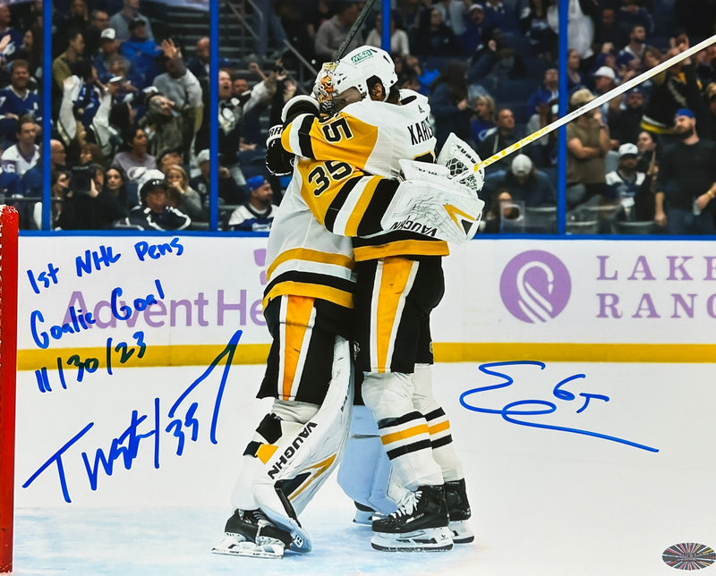 Tristan Jarry & Erik Karlsson Signed, Inscribed "1st NHL Goal 11/30/23" 8x10 Photo