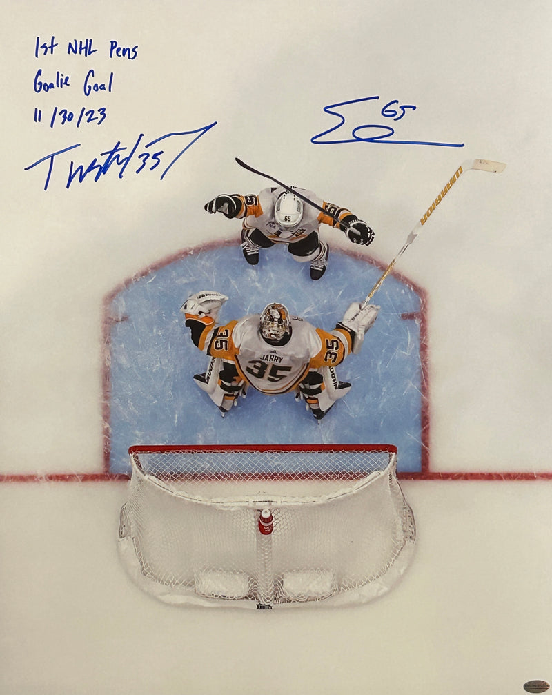 Tristan Jarry & Erik Karlsson Signed, Inscribed "1st NHL Goal 11/30/23" 16x20 Photo