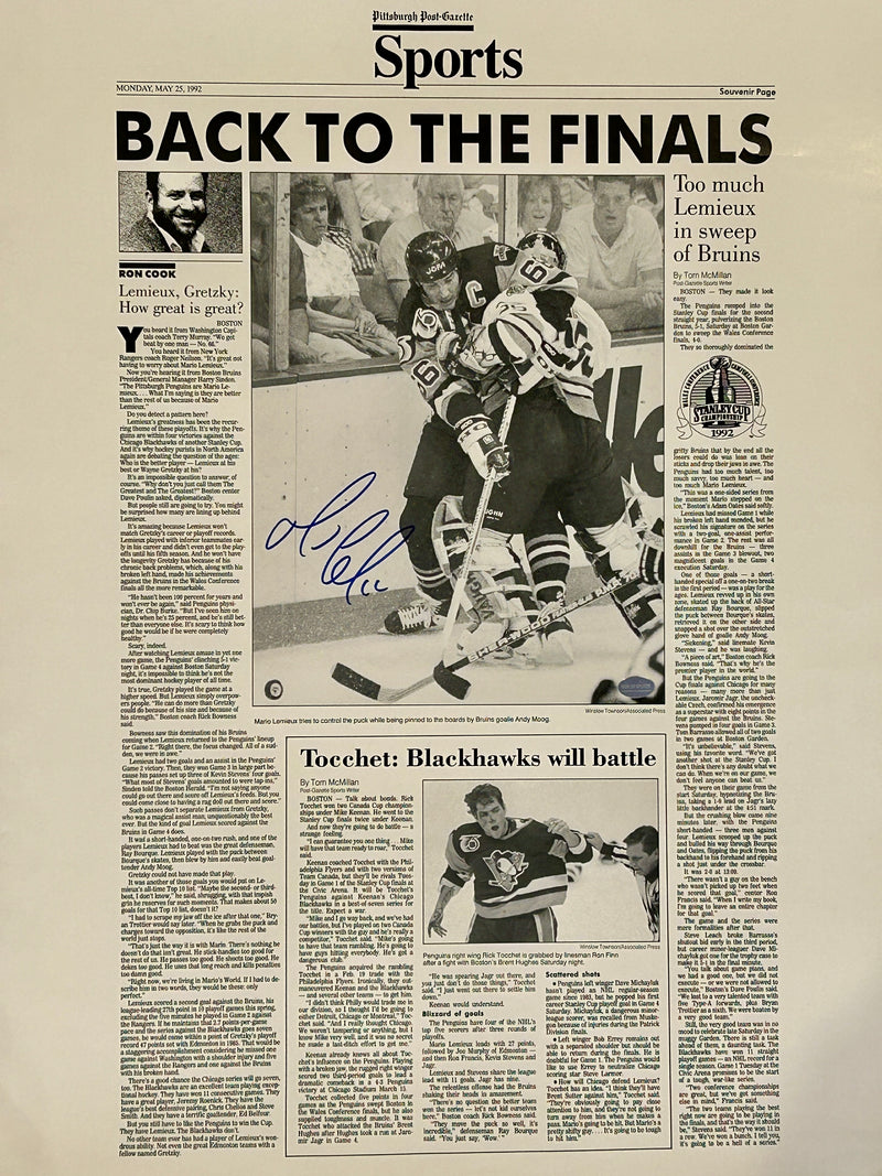 Mario Lemieux Signed 18x24 Pittsburgh Post-Gazette "Back to the Finals" Souvenir Page