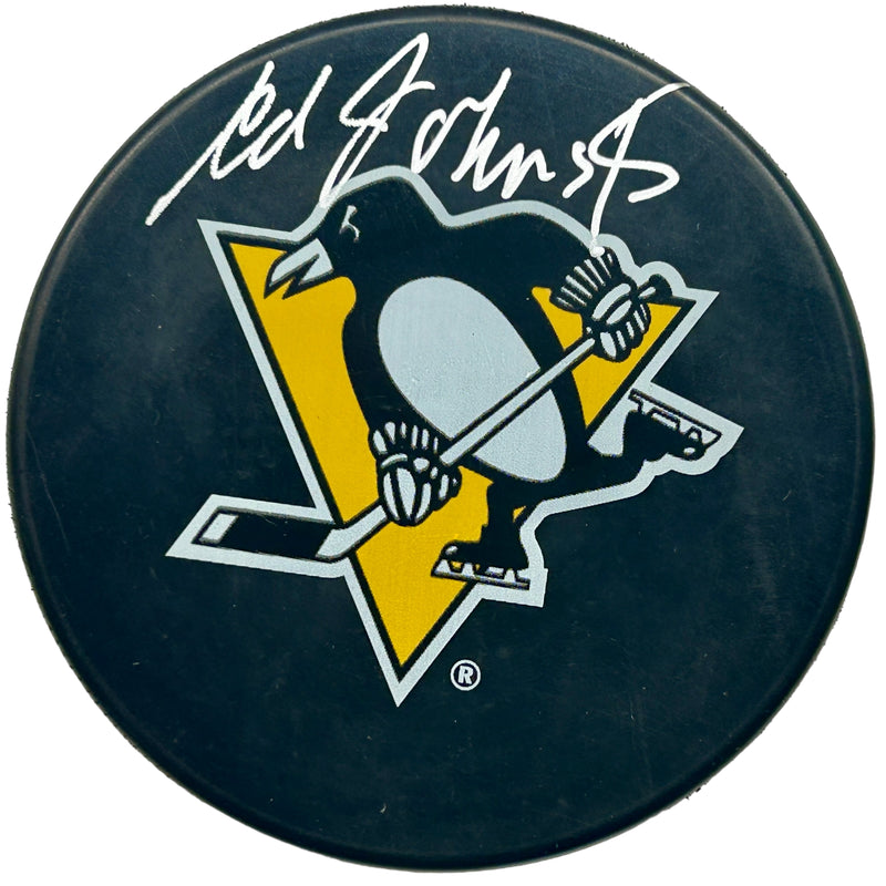 Eddie Johnston Signed Pittsburgh Penguins Large Logo Hockey Puck