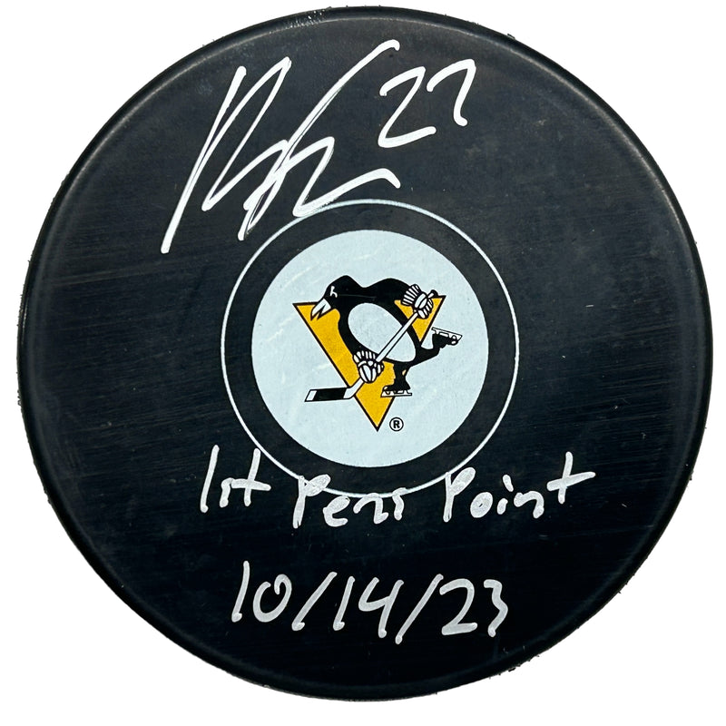 Ryan Graves Signed, Inscribed "1st Pens Point 10/14/23 Pittsburgh Penguins Hockey Puck