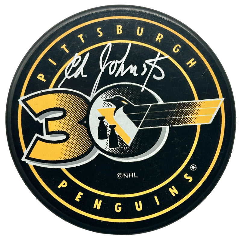Eddie Johnston Signed Pittsburgh Penguins 30th Anniversary Hockey Puck