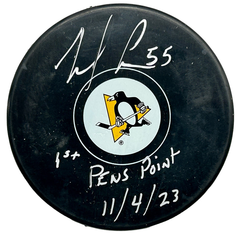 Noel Acciari Signed, Inscribed "1st Pens Point 10/4/23 Pittsburgh Penguins Hockey Puck