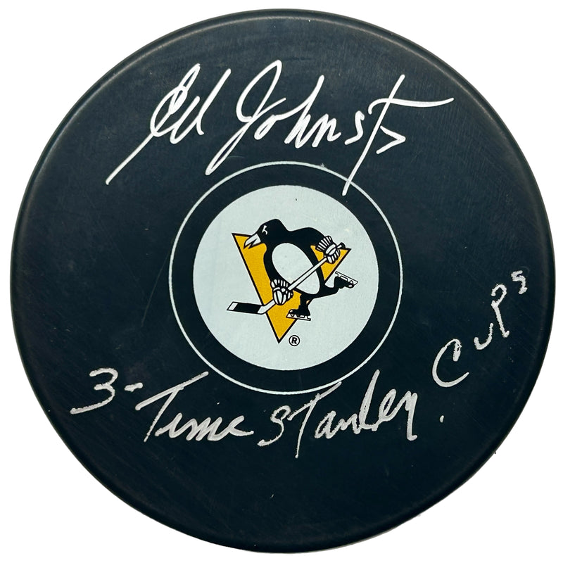 Eddie Johnston Signed, Inscribed "3-Time Stanley Cups" Pittsburgh Penguins Hockey Puck