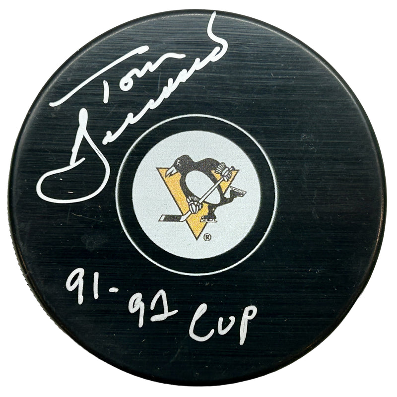 Tom Barrasso Signed, Inscribed "91-92 Cup" Pittsburgh Penguins Hockey Puck