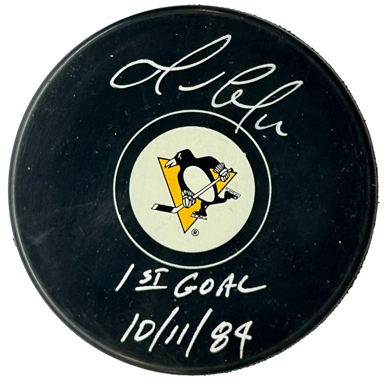 Mario Lemieux Signed, Inscribed "1st Goal 10/11/84" Pittsburgh Penguins Hockey Puck