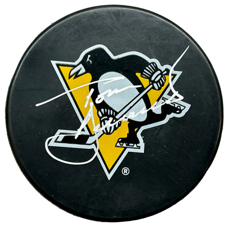 Tom Barrasso Signed Pittsburgh Penguins Large Logo Hockey Puck
