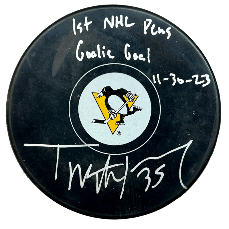 Tristan Jarry Signed, Inscribed "1st NHL Pens Goalie Goal 11/30/23" Pittsburgh Penguins Hockey Puck