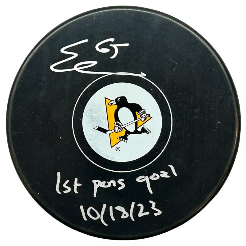 Erik Karlssson Signed, Inscribed "1st Pens Goal 10/18/23" Pittsburgh Penguins Hockey Puck