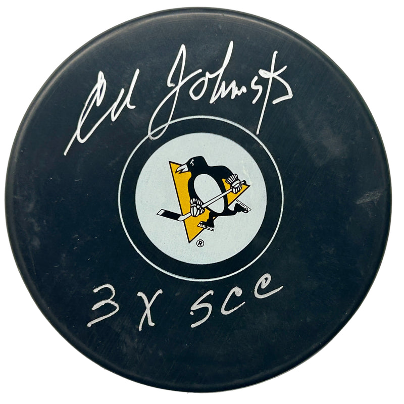 Eddie Johnston Signed, Inscribed "3 X SCC" Pittsburgh Penguins Hockey Puck