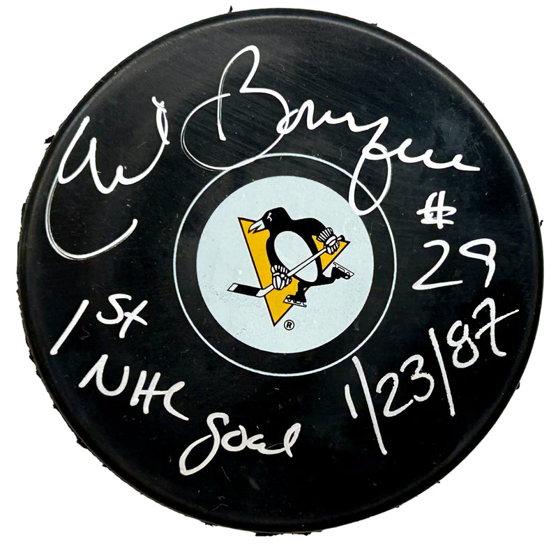 Phil Bourque Signed, Inscribed "1st NHL Goal 1/23/87" Pittsburgh Penguins Hockey Puck