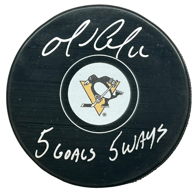 Mario Lemieux Signed, Inscribed "5 Goals 5 Ways" Pittsburgh Penguins Hockey Puck