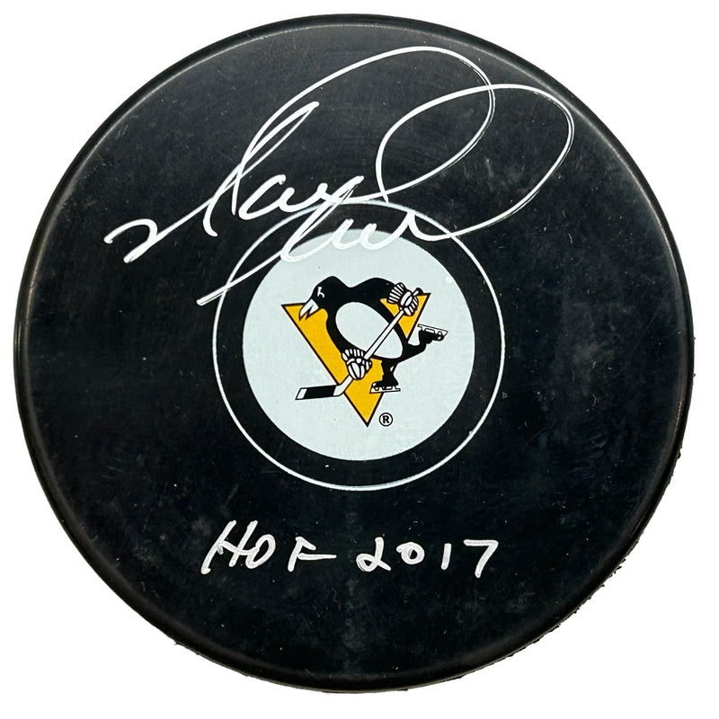 Mark Recchi Signed, Inscribed "HOF 2017" Pittsburgh Penguins Hockey Puck