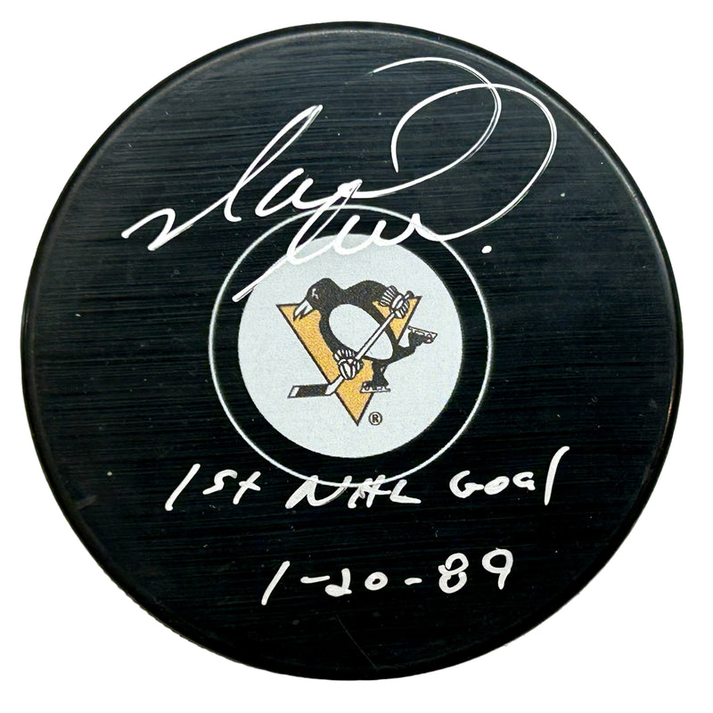 Mark Recchi Signed, Inscribed "1st NHL Goal 1-20-89" Pittsburgh Penguins Hockey Puck
