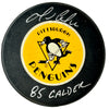 Mario Lemieux Signed, Inscribed "85 Calder" Pittsburgh Penguins Trench Hockey Puck