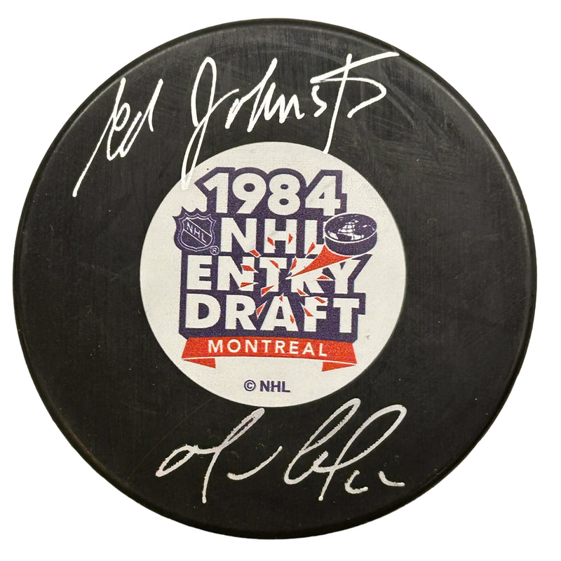Mario Lemieux & Eddie Johnston Signed 1984 NHL Draft Hockey Puck
