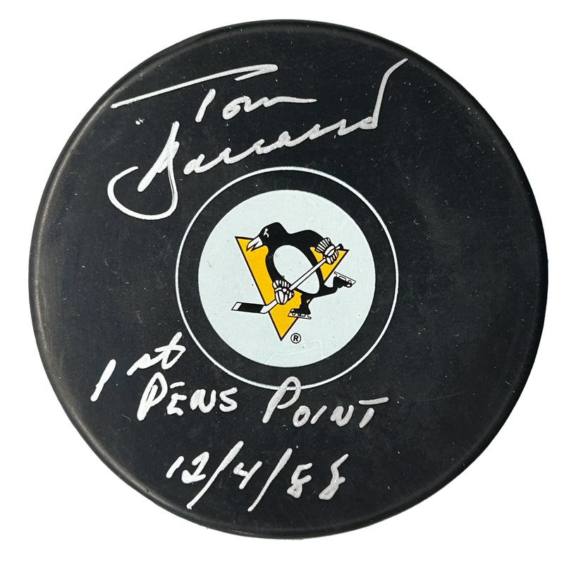 Tom Barrasso Signed, Inscribed "1st Pens Point 12/4/88" Pittsburgh Penguins Hockey Puck