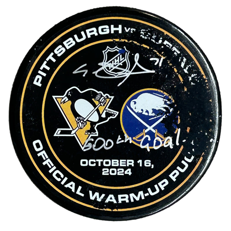 Evgeni Malkin Signed, Inscribed "500th Goal" Pittsburgh Penguins Warm-Up Used Puck