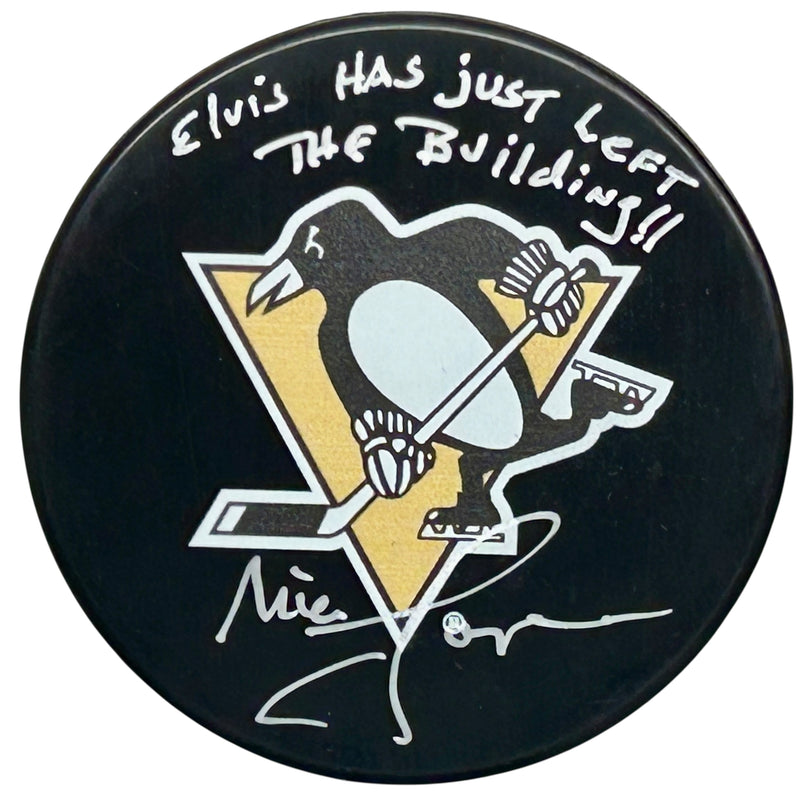 Mike Lange Signed, Inscribed "Elvis Has Just Left The Building!" Pittsburgh Penguins Large Logo Hockey Puck