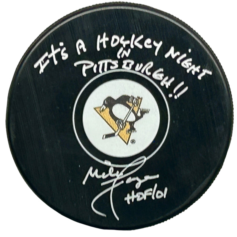Mike Lange Signed, Inscribed "It's A Hockey Night In Pittsburgh!" Pittsburgh Penguins Hockey Puck