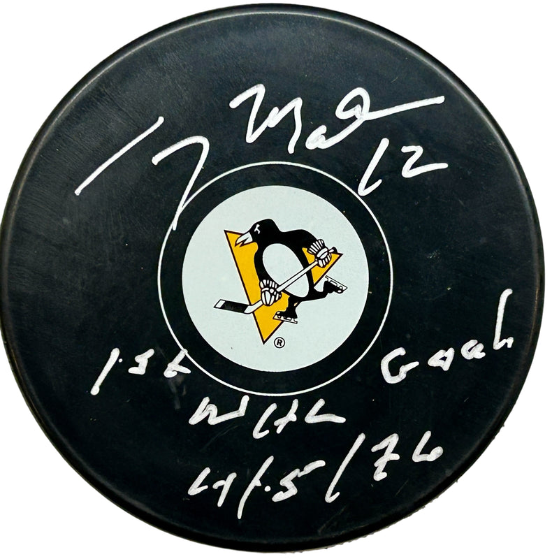 Greg Malone Signed, Inscribed "1st NHL Goal 4/5/76" Pittsburgh Penguins Hockey Puck