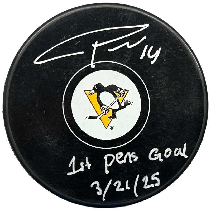 Boko Imama Signed, Inscribed "1st Pens Goal 3/21/25" Pittsburgh Penguins Puck