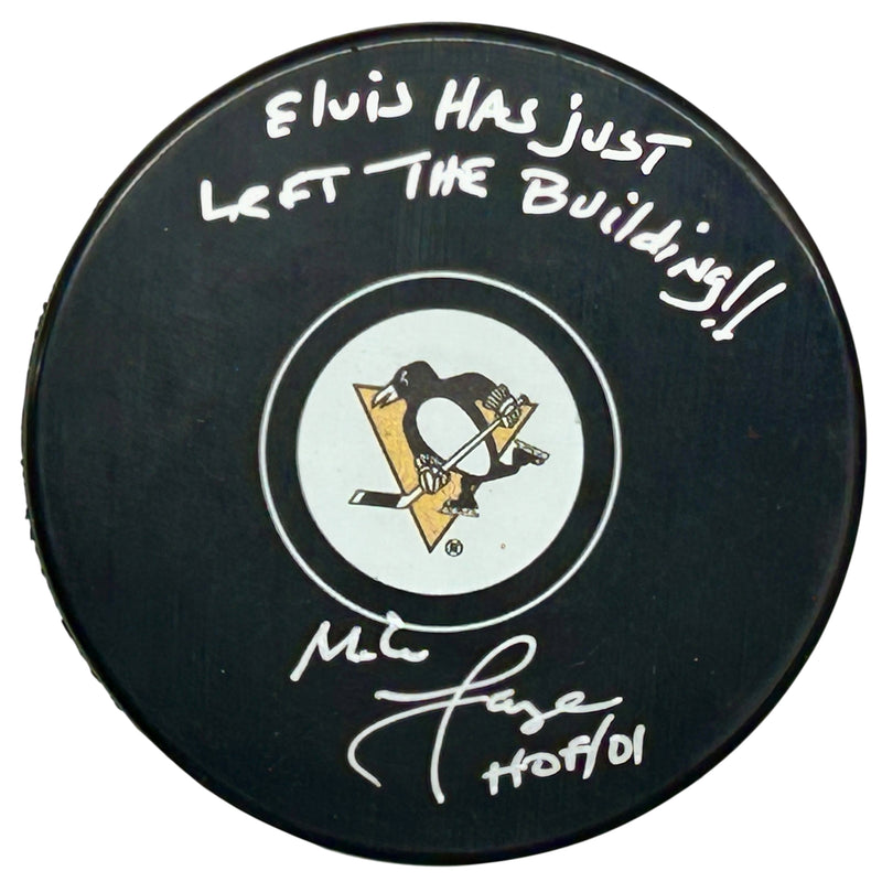 Mike Lange Signed, Inscribed "Elvis Has Just Left The Building!" Pittsburgh Penguins Hockey Puck