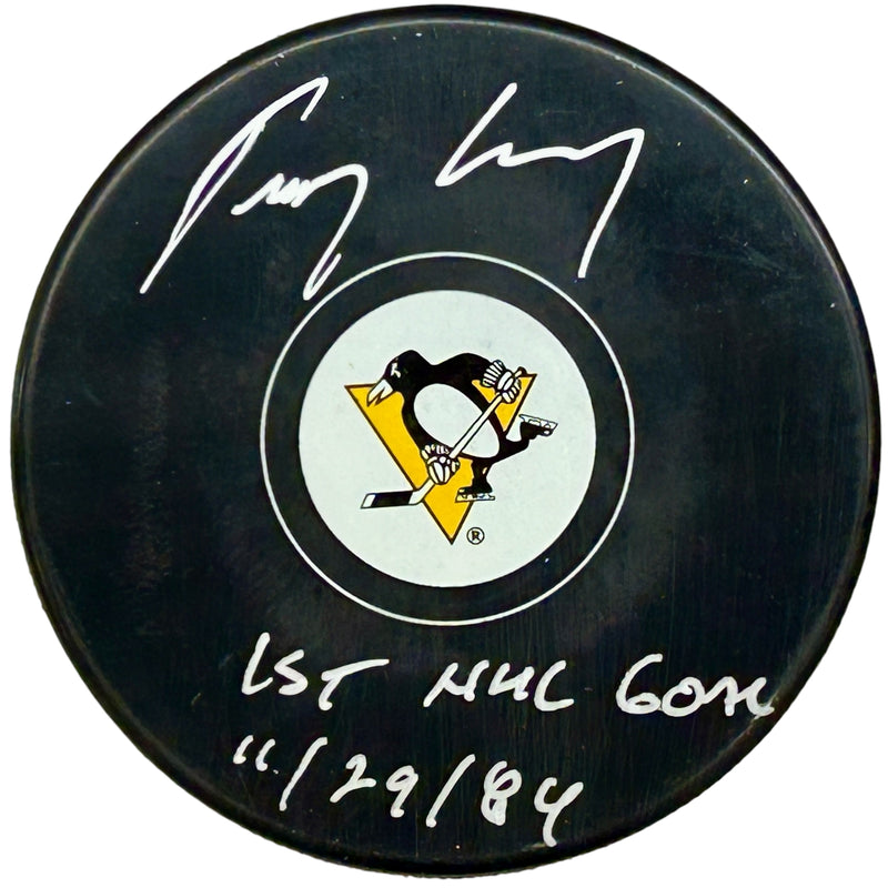 Troy Loney Signed, Inscribed "1st NHL Goal 11/29/84" Pittsburgh Penguins Hockey Puck