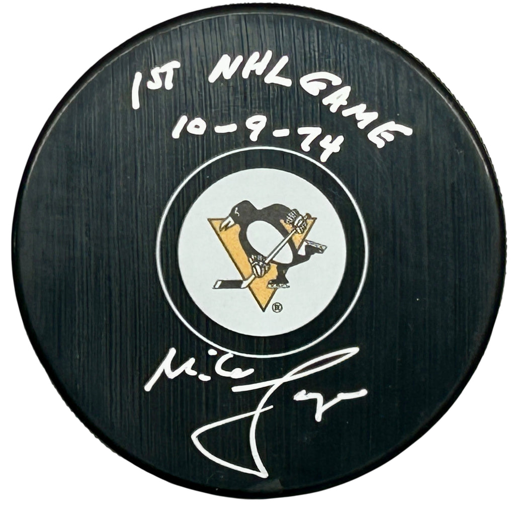 Mike Lange Signed, Inscribed "1st NHL Game 10-9-74" Pittsburgh Penguins Hockey Puck
