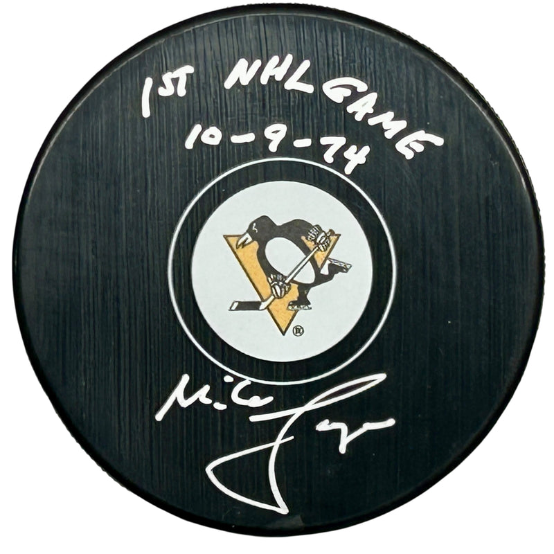 Mike Lange Signed, Inscribed "1st NHL Game 10-9-74" Pittsburgh Penguins Hockey Puck