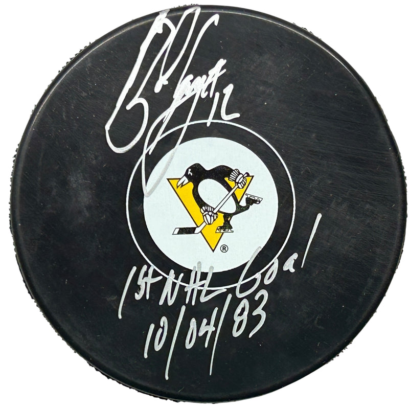 Bob Errey Signed, Inscribed "1st NHL Goal 10/04/83" Pittsburgh Penguins Puck