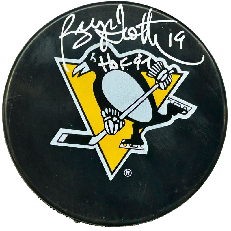 Bryan Trottier Signed, Inscribed "HOF 97" Pittsburgh Penguins Large Logo Hockey Puck