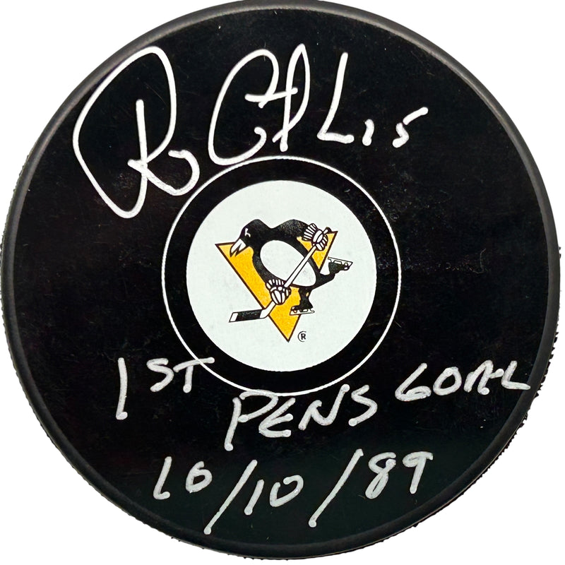 Randy Gilhen Signed, Inscribed "1st Pens Goal 10/10/89" Pittsburgh Penguins Puck