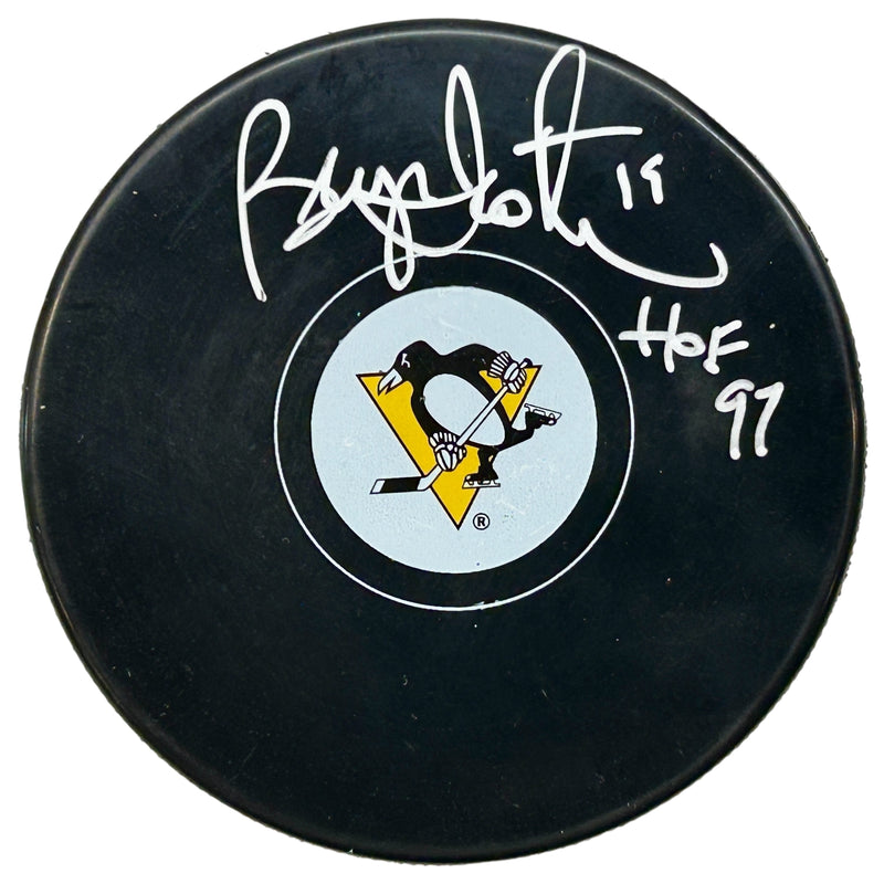 Bryan Trottier Signed, Inscribed "HOF 97" Pittsburgh Penguins Hockey Puck