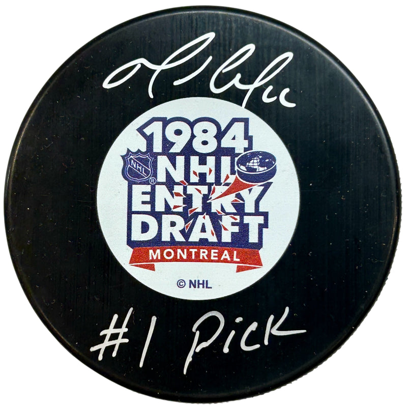 Mario Lemieux Signed, Inscribed "#1 Pick" 1984 NHL Draft Hockey Puck