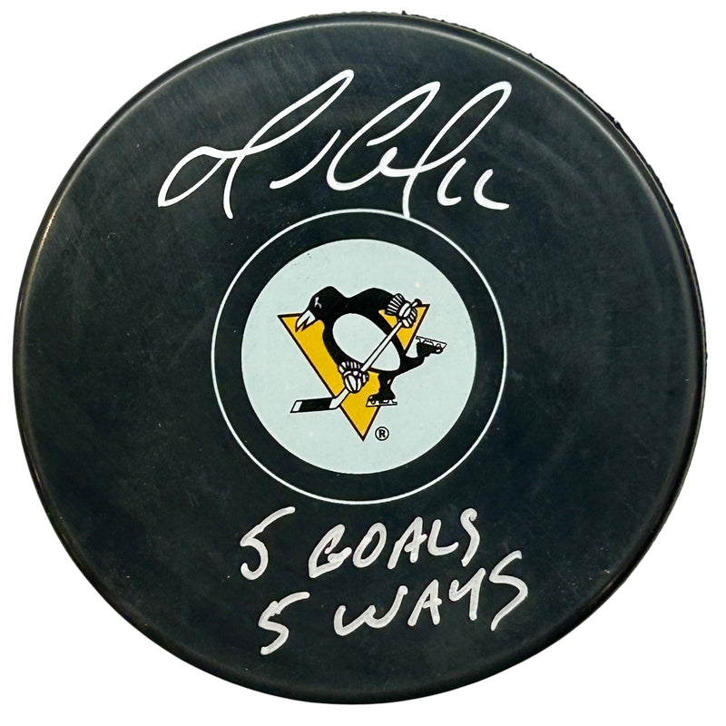 Mario Lemieux Signed, Inscribed "5 Goals 5 Ways" Pittsburgh Penguins Hockey Puck