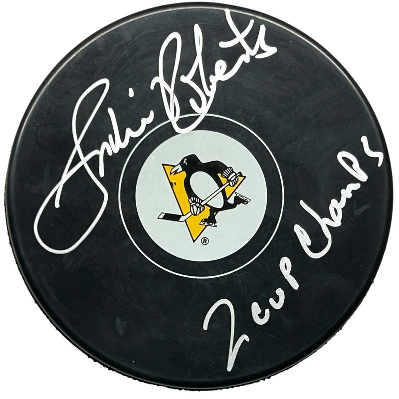 Gordie Roberts Signed, Inscribed "2X Cup Champs" Pittsburgh Penguins Puck