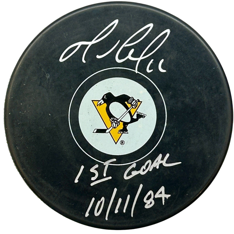 Mario Lemieux Signed, Inscribed "1st Goal 10/11/84" Pittsburgh Penguins Hockey Puck