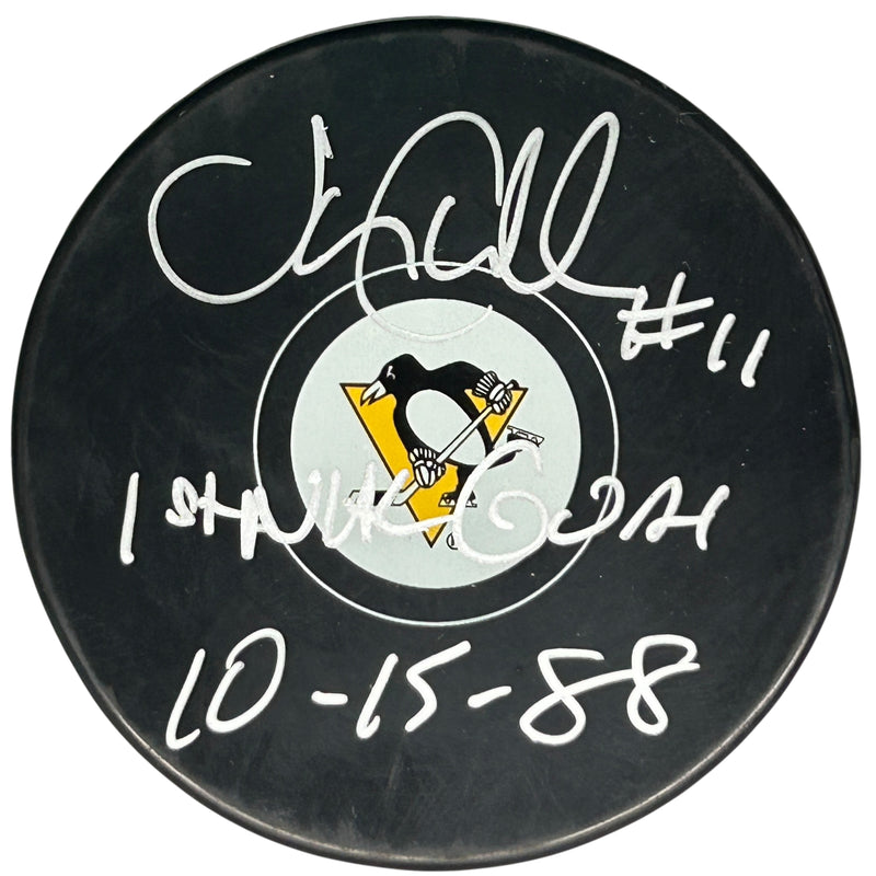 John Cullen Signed, Inscribed "1st NHL Goal 10-15-88" Pittsburgh Penguins Puck