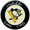 Mario Lemieux Signed, Inscribed "5 Goals 5 Ways" 1988/1989 Pittsburgh Penguins Game Model Hockey Puck