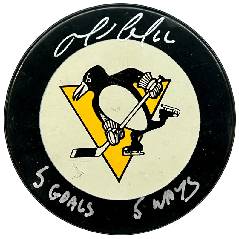 Mario Lemieux Signed, Inscribed "5 Goals 5 Ways" 1988/1989 Pittsburgh Penguins Game Model Hockey Puck