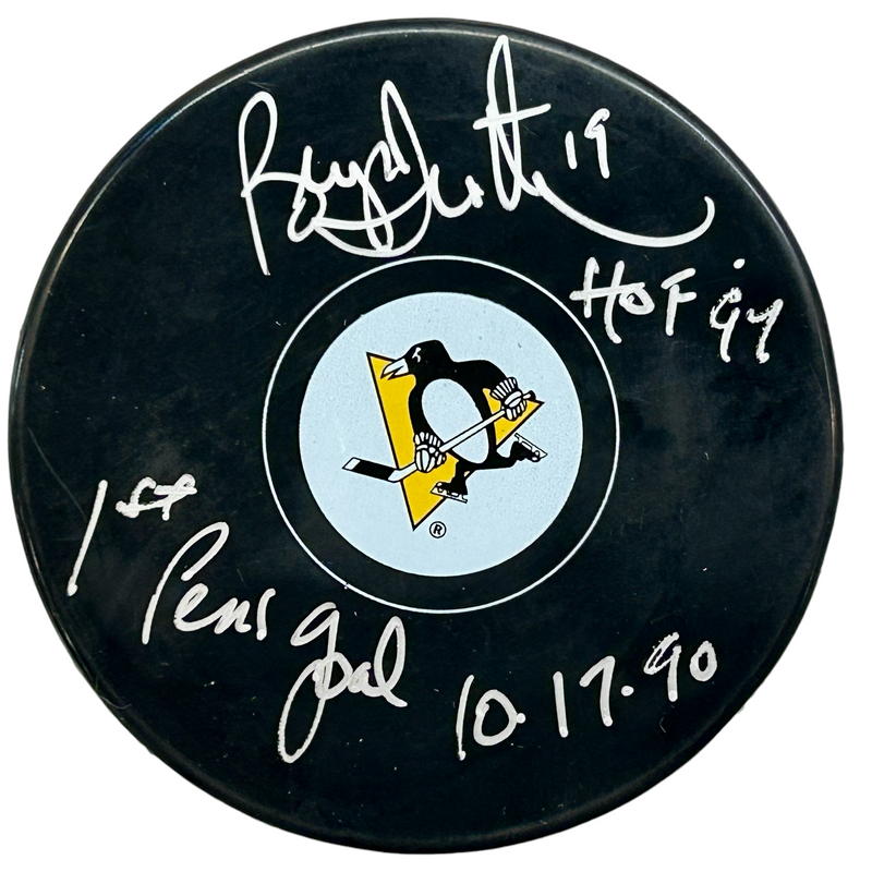 Bryan Trottier Signed, Inscribed "1st Pens Goal 10-17-90" Pittsburgh Penguins Hockey Puck