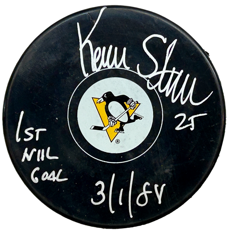 Kevin Stevens Signed, Inscribed "1st NHL Goal 3/1/88" Pittsburgh Penguins Hockey Puck