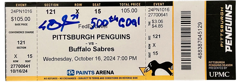 Evgeni Malkin  Signed, Inscribed "500th Goal" Ticket Stub