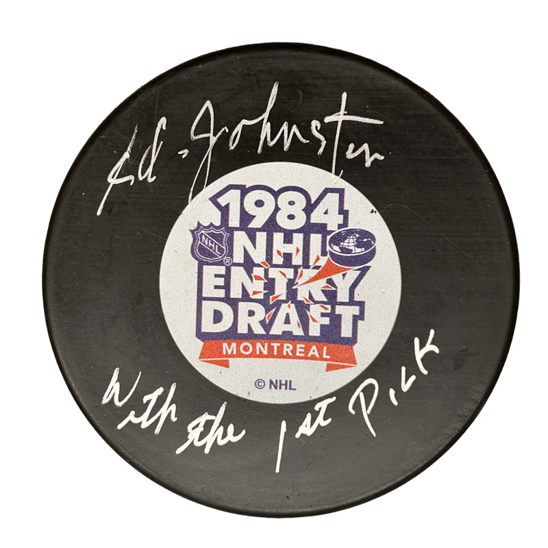 Eddie Johnston Signed, Inscribed "With the 1st Pick" 1984 Draft Hockey Puck