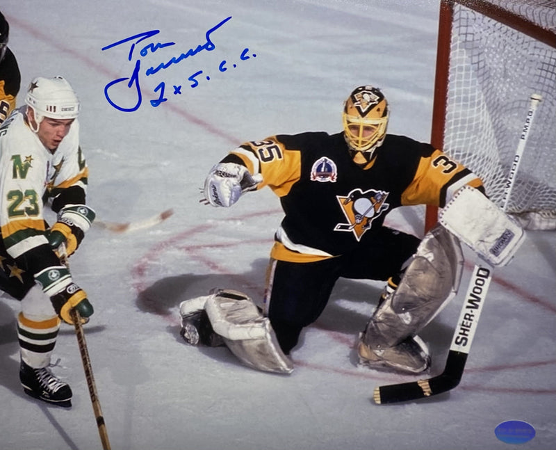 Tom Barrasso Signed, Inscribed "2X S.C.C" Pittsburgh Penguins 1991 Stanley Cup Finals at the Met Center 8x10 Photo
