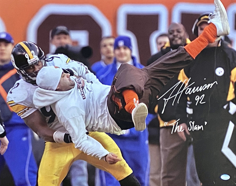 James Harrison Signed, Inscribed "The Slam" Pittsburgh Steelers vs the Browns 16x20 Photo